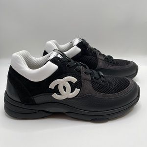 CHANEL | Shoes | Chanel Black White Cc Logo Leather Suede Tie Runner  Trainers Sneakers | Poshmark